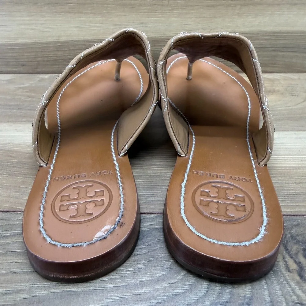 Tory Burch Quilted Mini Studded Sandals 7 M Camel Leather Vacation Travel Preppy